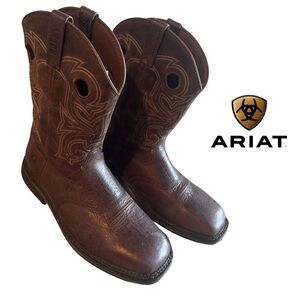 Ariat Rocky Western Work Boots Saddle Brown Square Toe Pull-On 11” Mens 12W EUC